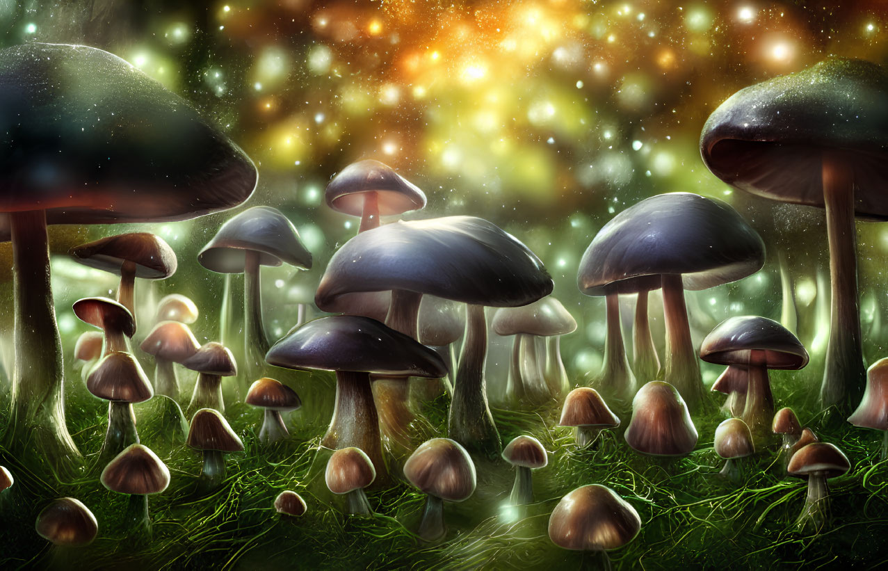 Enchanting mystical forest with glowing mushrooms under starry sky