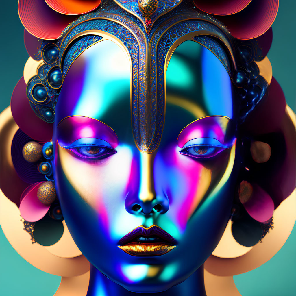 Colorful digital art: stylized female figure with ornate headdress in blue, gold, and