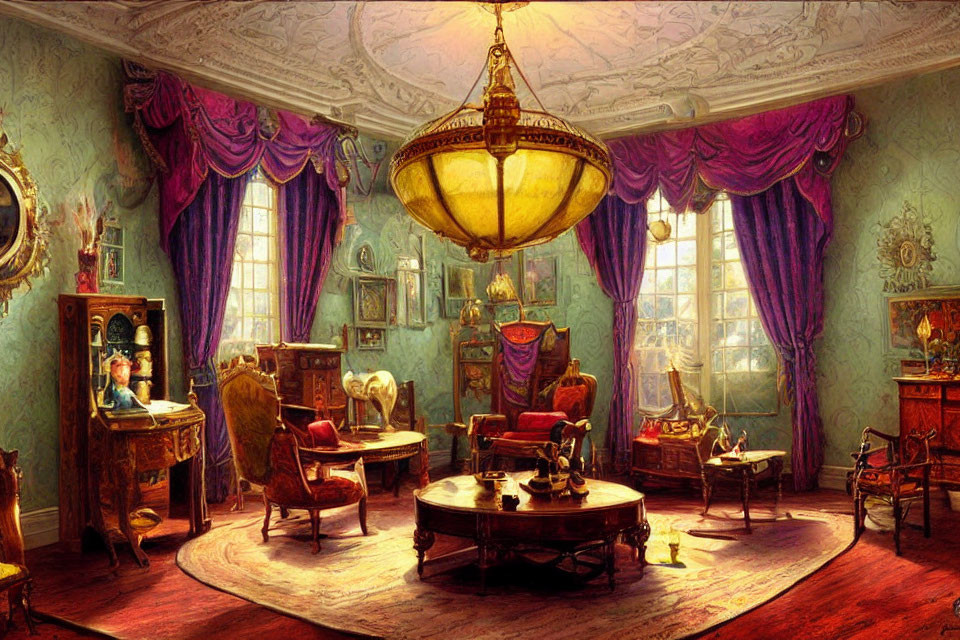 Opulent Victorian-style room with purple walls, antique furniture, chandelier, and ornate decorations