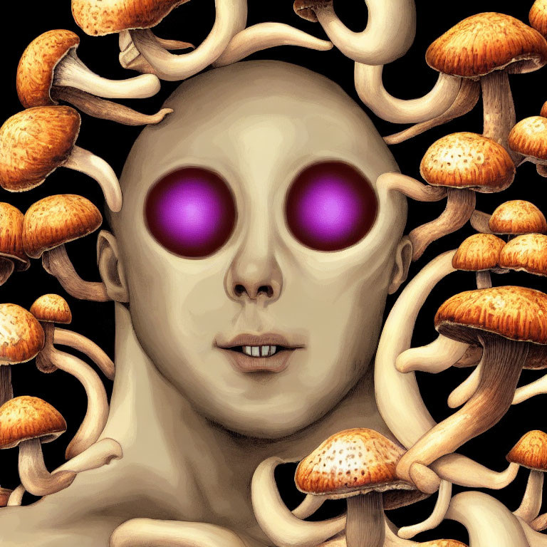 Surreal illustration of face with purple eyes in mushroom-filled scene