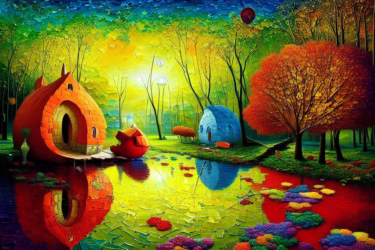 Colorful Landscape with Whimsical Snail-Shaped Houses and Reflective Pond