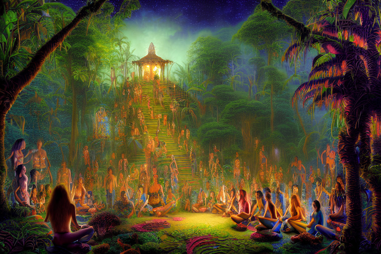 Mystical gathering in lush jungle with temple under starry sky