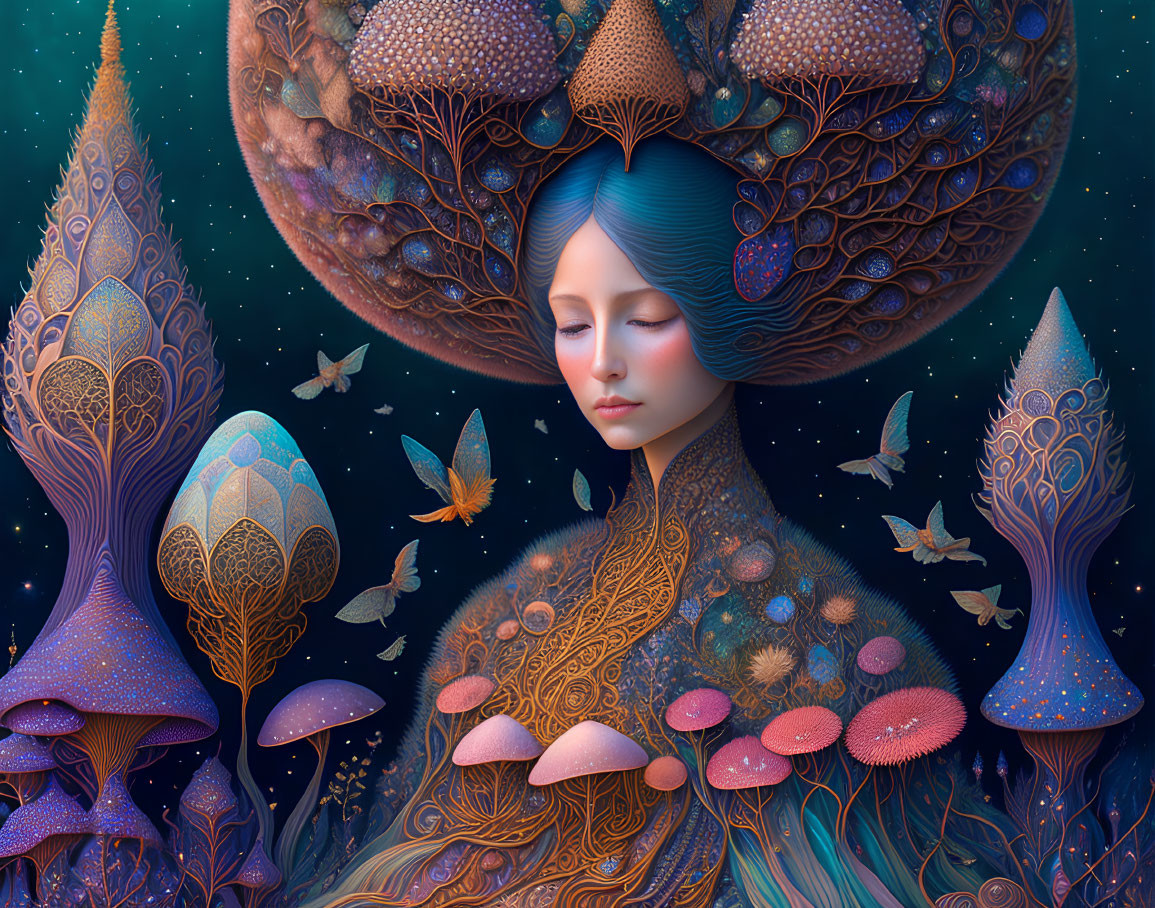 Surreal illustration: woman with blue hair in mystical forest.