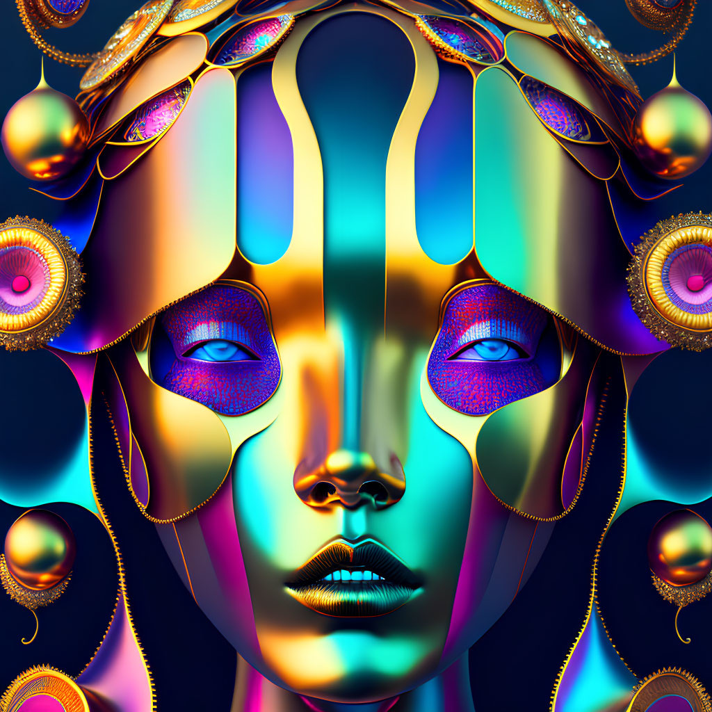 Colorful digital artwork of surreal metallic face with golden details.