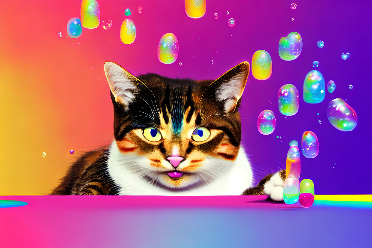 Cat with striking markings among colorful soap bubbles on gradient background