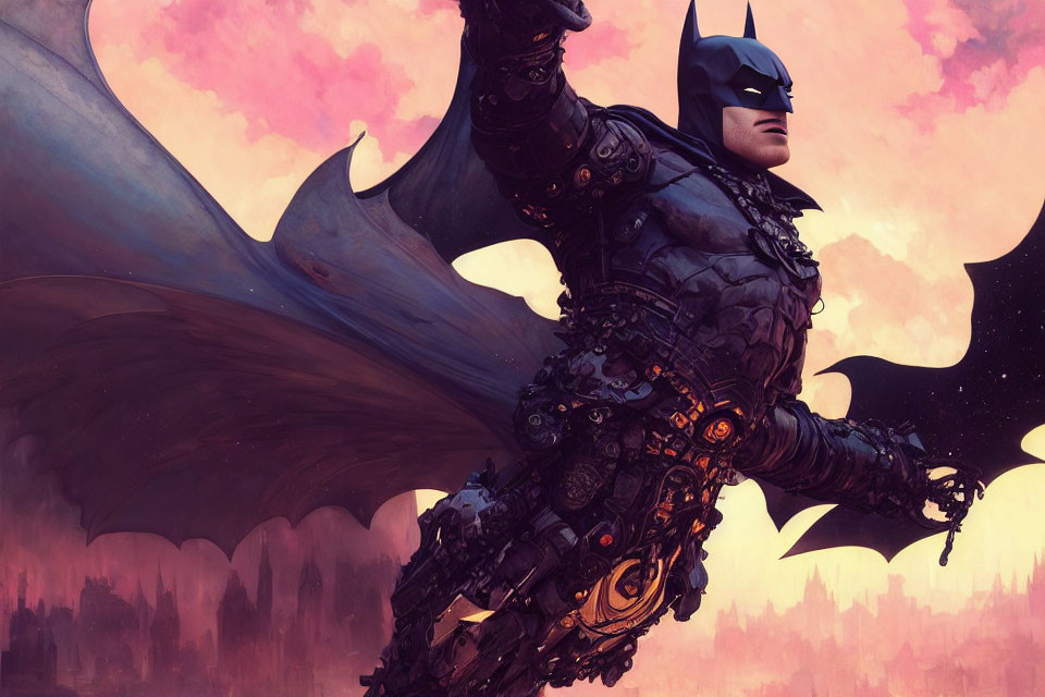 Mechanized armored character with winged cape in pink sky