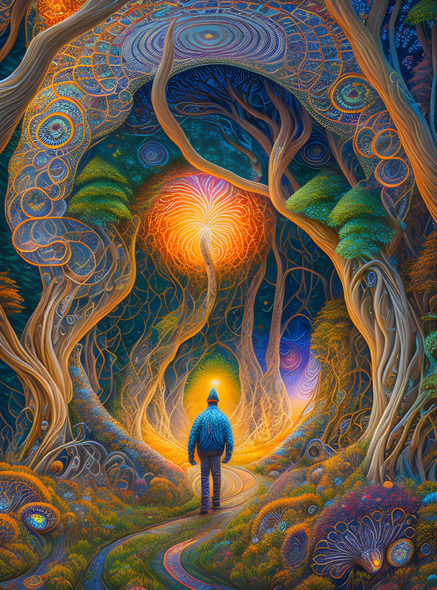 Person standing on vibrant, psychedelic forest path with intricate trees and glowing sky