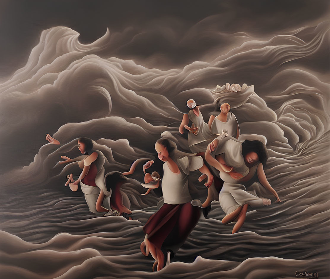 Surreal painting of people with obscured faces in cloud wave