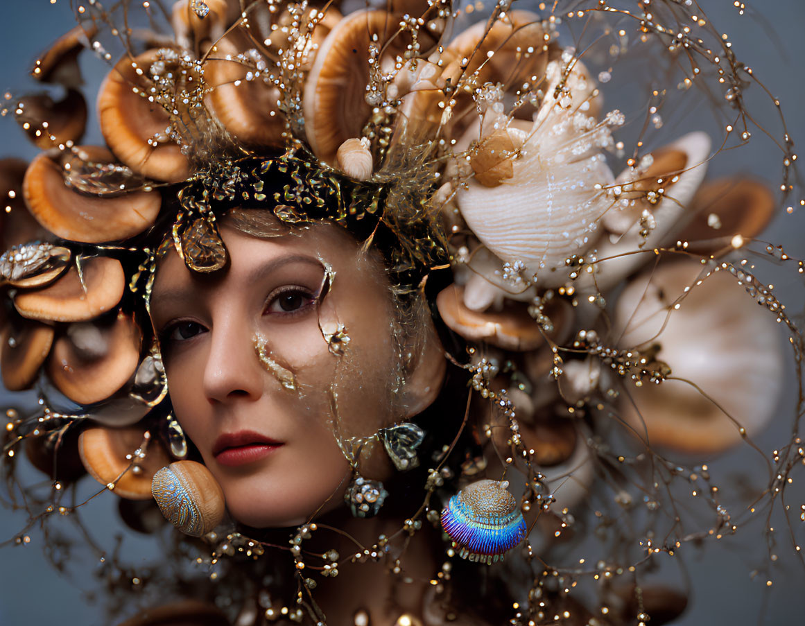 Intricate shell and golden filigree headdress on serene woman