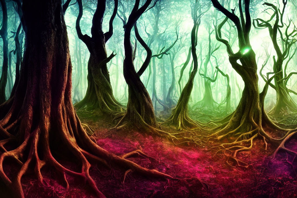 Vibrant green and purple mystical forest scene with twisted tree trunks