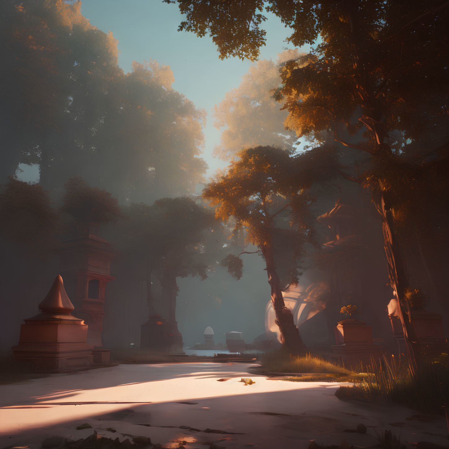 Sunlit Forest Scene with Ancient Ruins and Serene Path