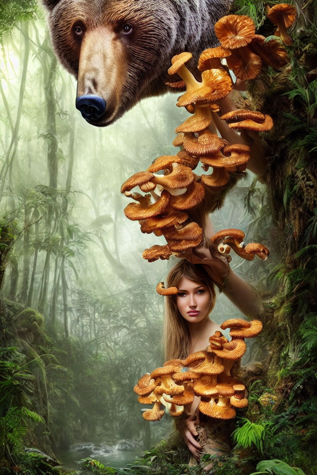 Portrait of a woman blending with tree and bear in mystical forest