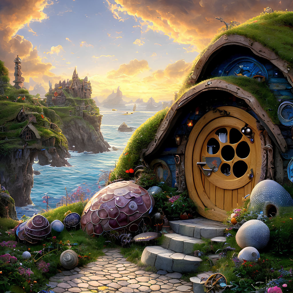 Fantasy landscape with hobbit-style door, colorful vegetation, and egg-shaped sculptures at sunset