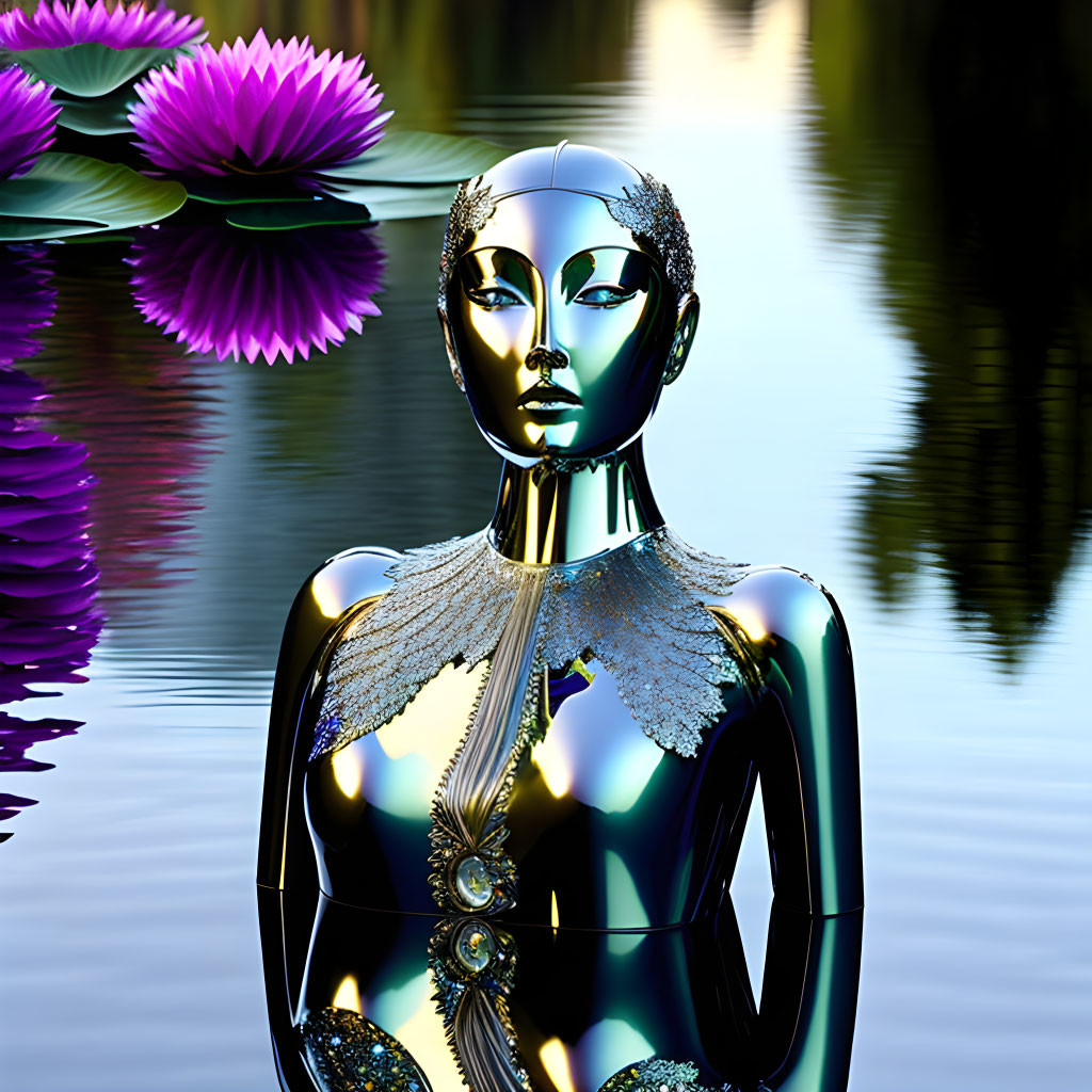 Metallic mannequin with feminine features and intricate detailing against reflective water background with pink lotus flowers