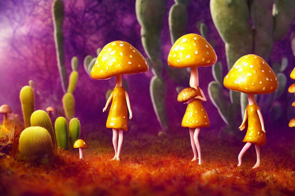 Fantasy illustration: humanoid figures with mushroom cap heads in surreal purple landscape