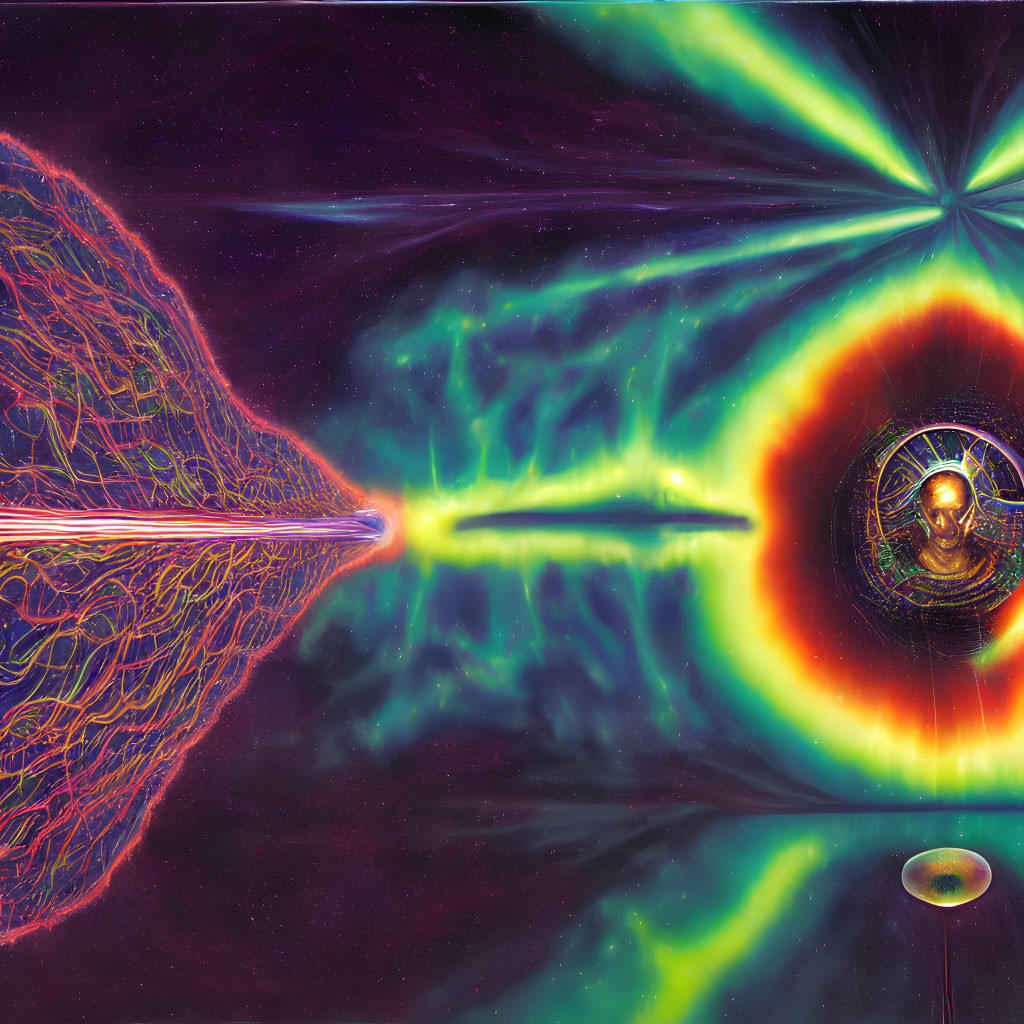 Sci-fi image: Energy beam links nebula, spaceship, human face in cosmic setting