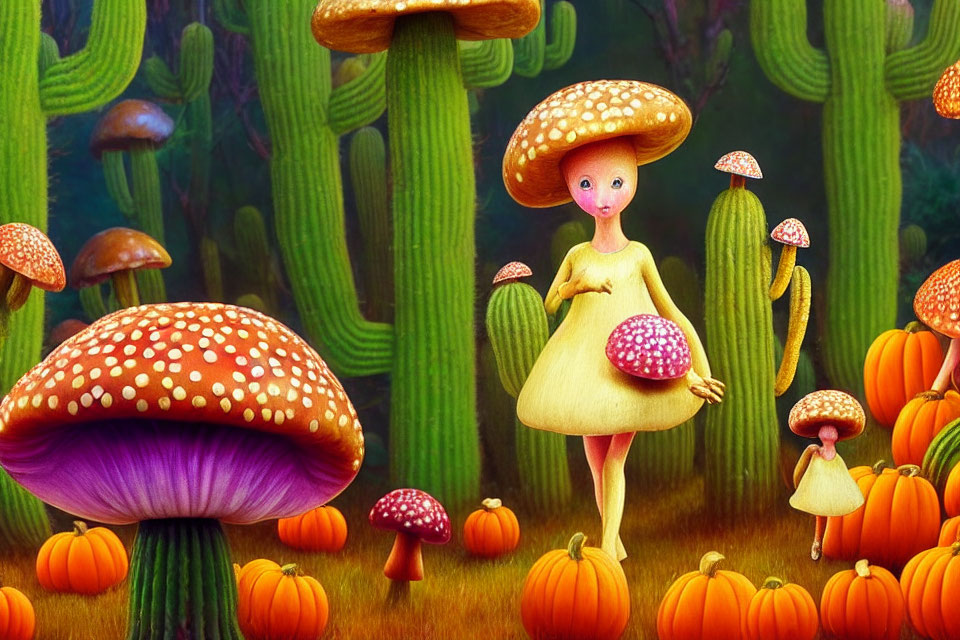 Fantasy scene with mushroom-headed characters, pumpkins, and cacti