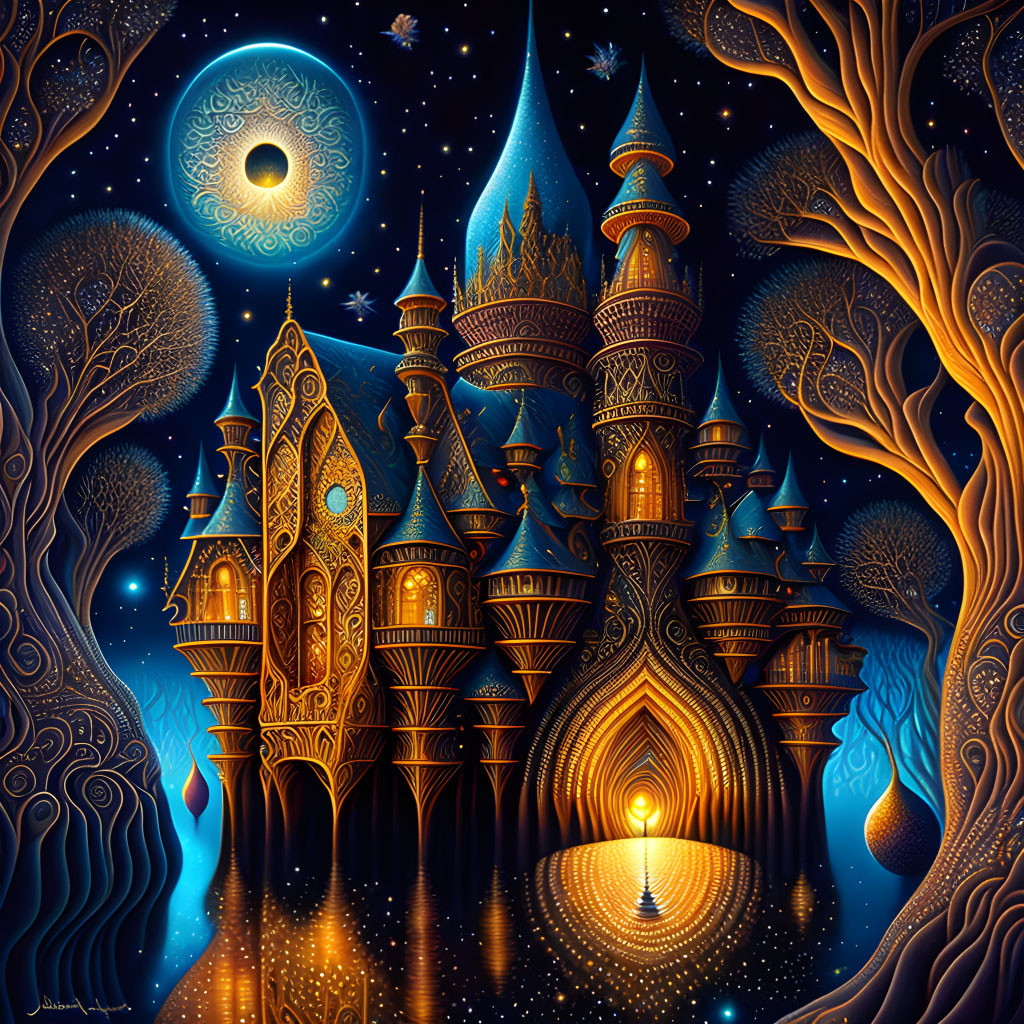 Fantastical castle in starry night sky with whimsical trees and glowing orbs
