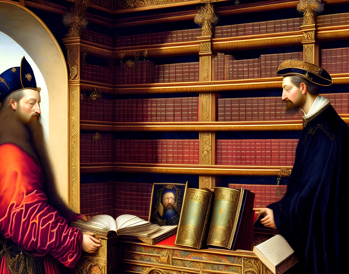 Historical painting of two scholarly figures with large book and hidden portrait