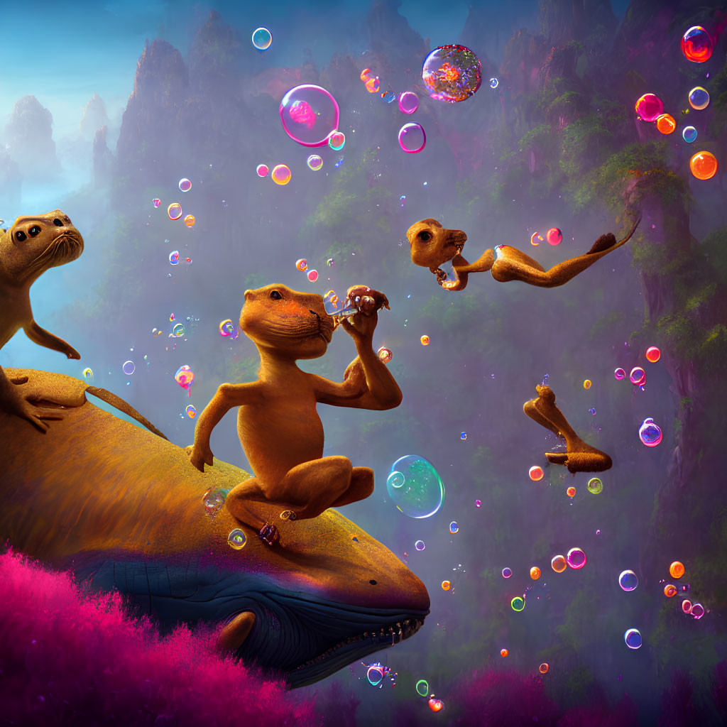 Playful Otters Floating Among Colorful Bubbles in Whimsical Scene