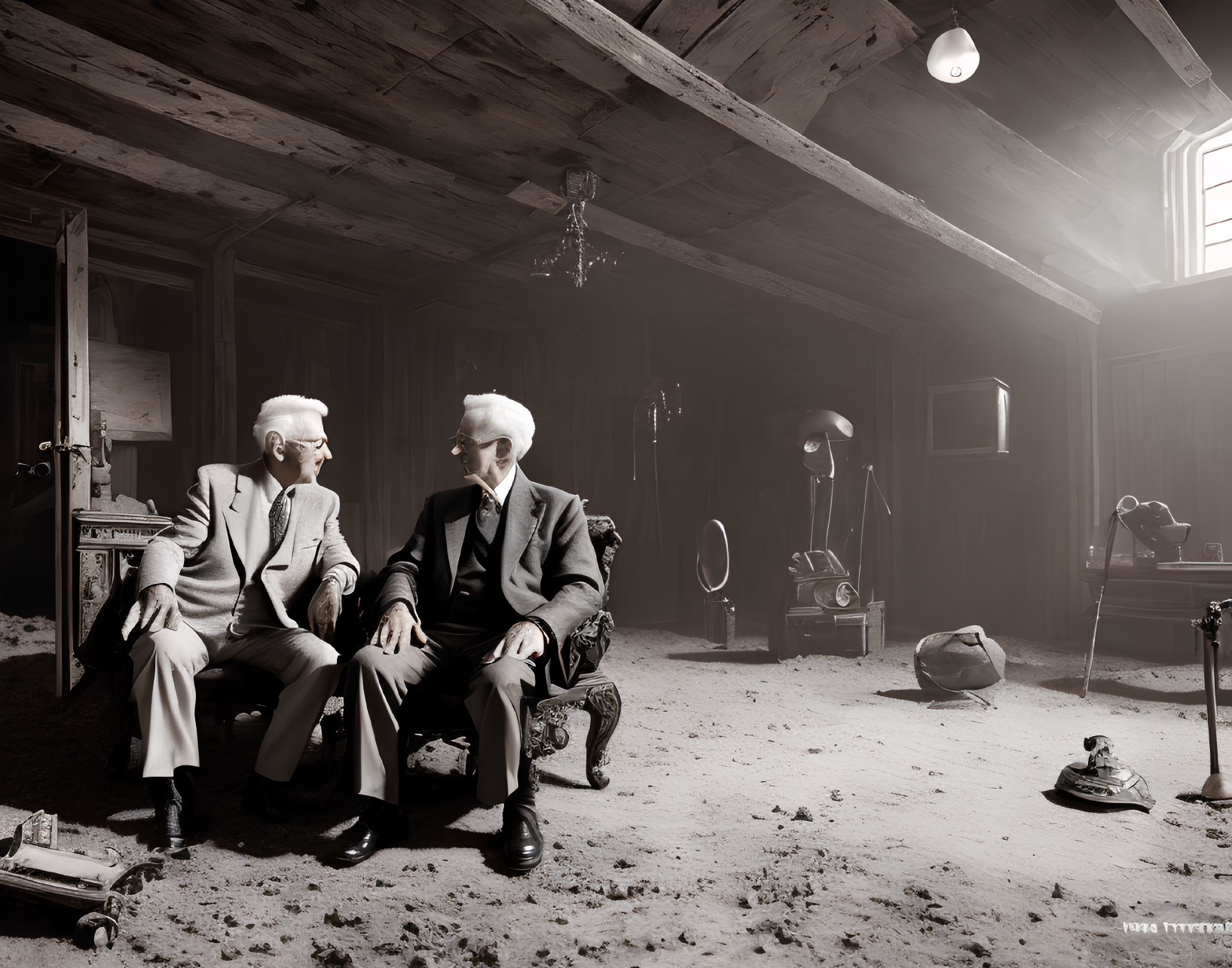 Elderly men in suits surrounded by vintage items in dusty attic