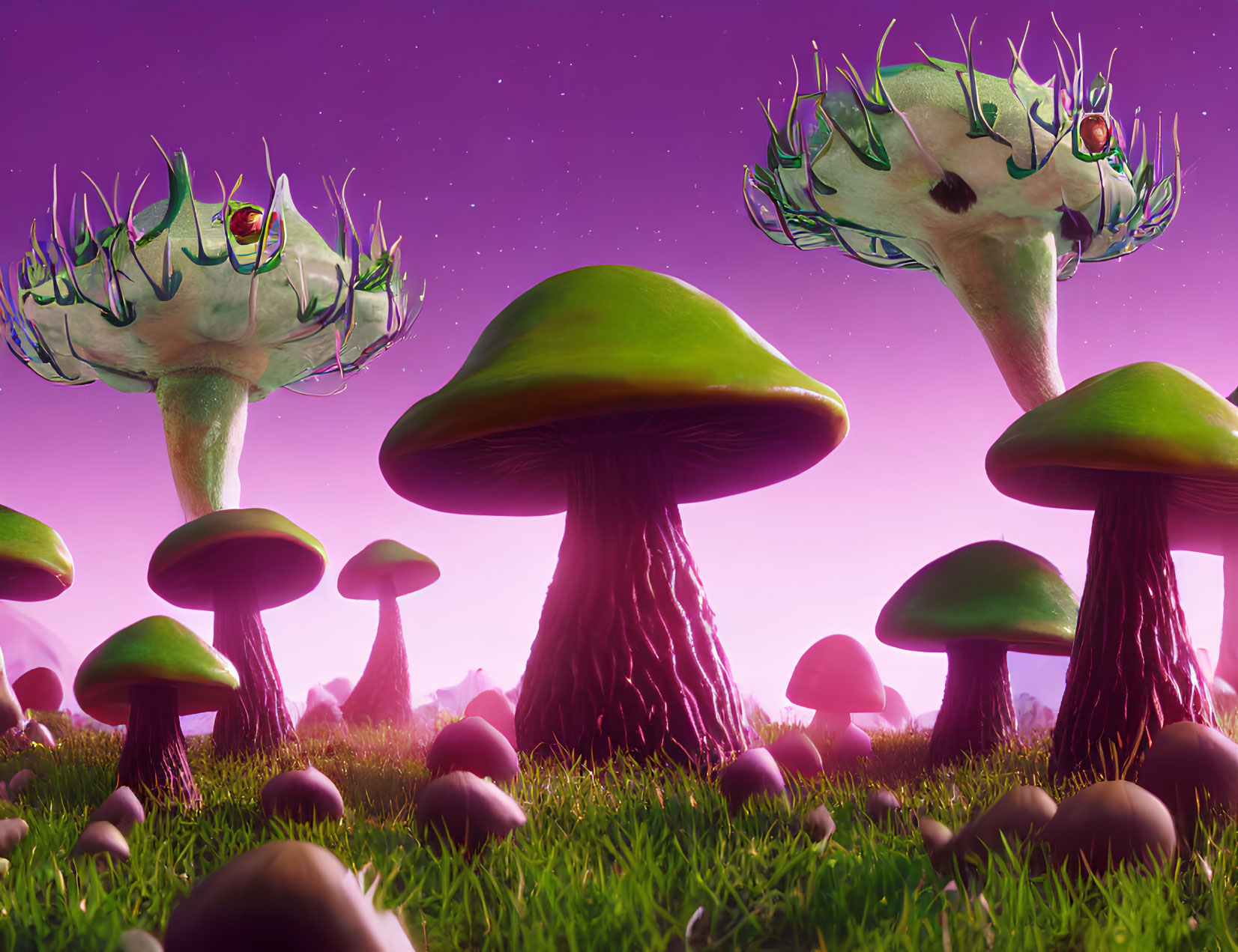 Fantasy mushrooms in colorful, surreal landscape under purple starry sky