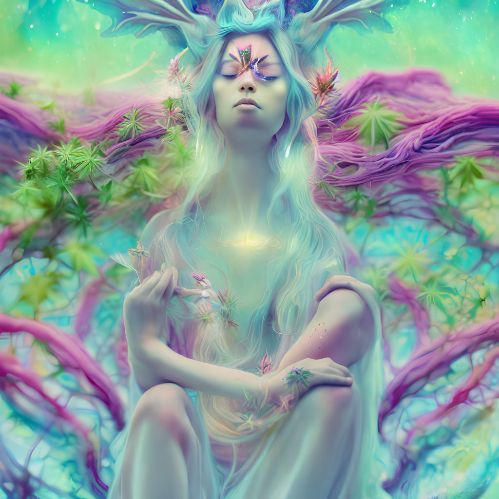 Fantastical figure with glowing light and tree-like antlers in ethereal blue and pink flora