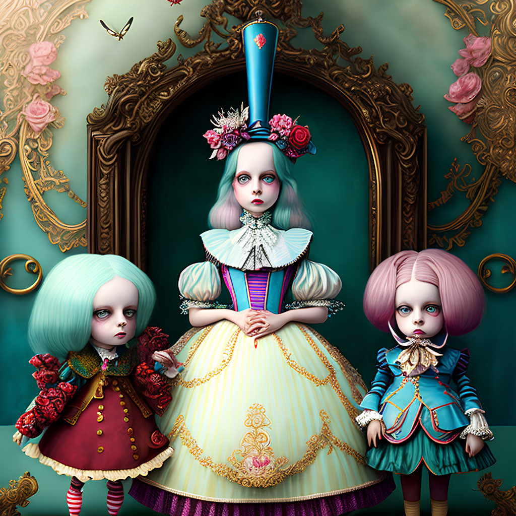 Three whimsical dolls in elaborate dresses and makeup with a central figure wearing a flower-adorned fe