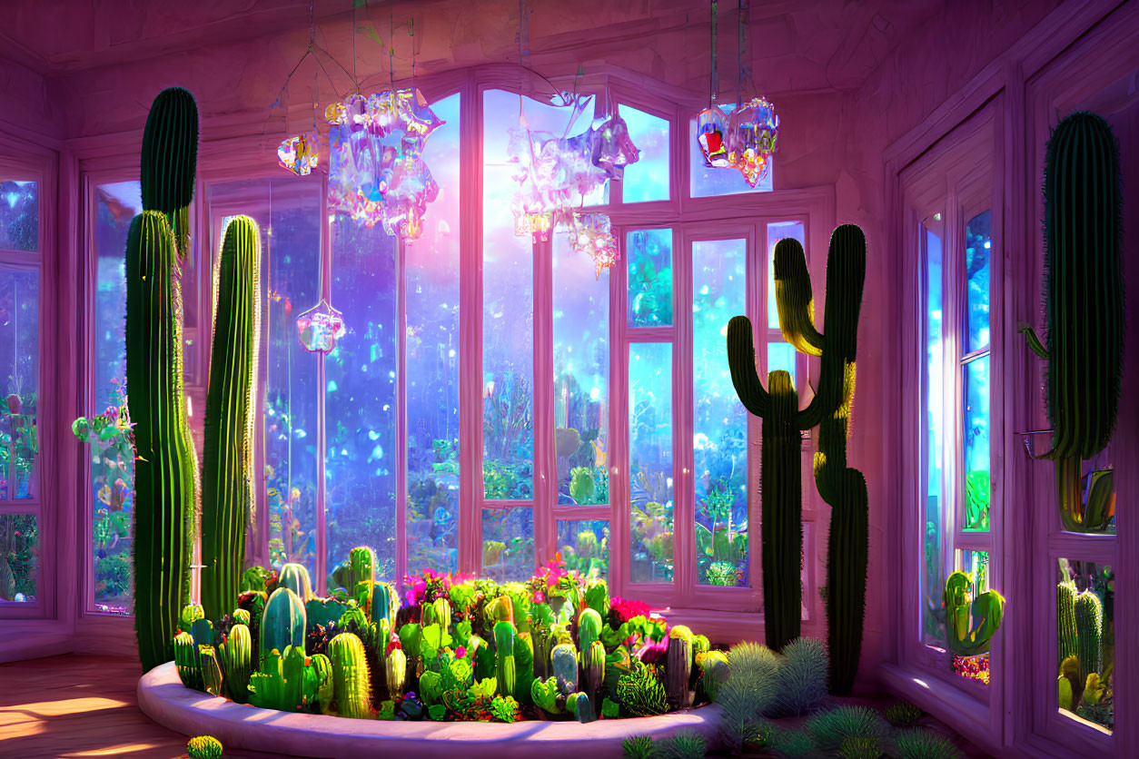 Indoor garden with diverse cacti under pinkish sky through bay windows