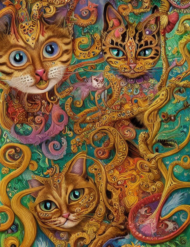 Colorful artwork of whimsical cats with intricate designs and flowing shapes