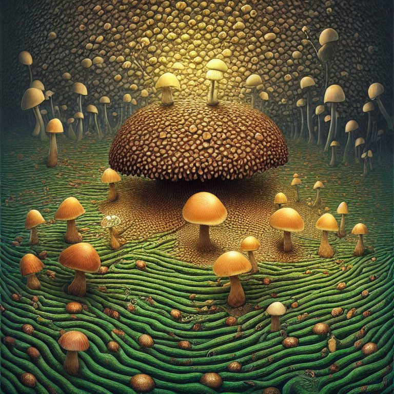 Enchanting forest with various mushrooms on mossy ground