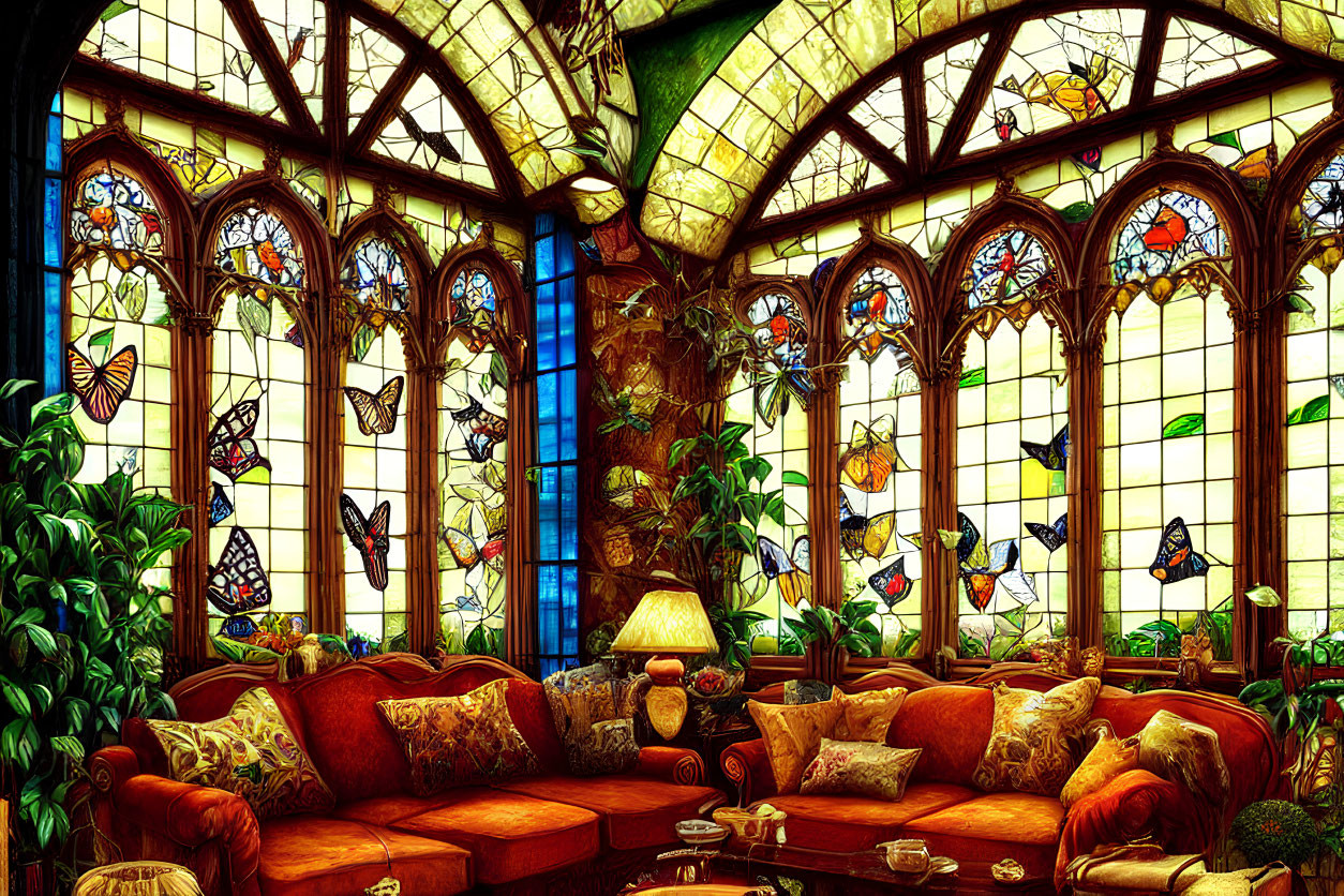 Orange Sofas and Butterfly Stained-Glass Window in Cozy Room
