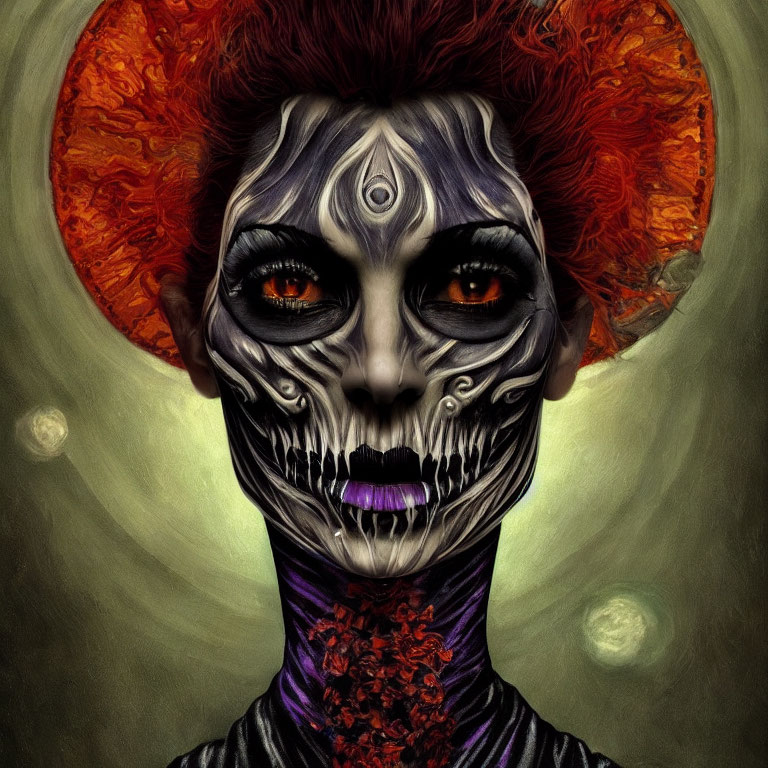 Person with Skull-Like Makeup and Orange Headpiece on Dark Background