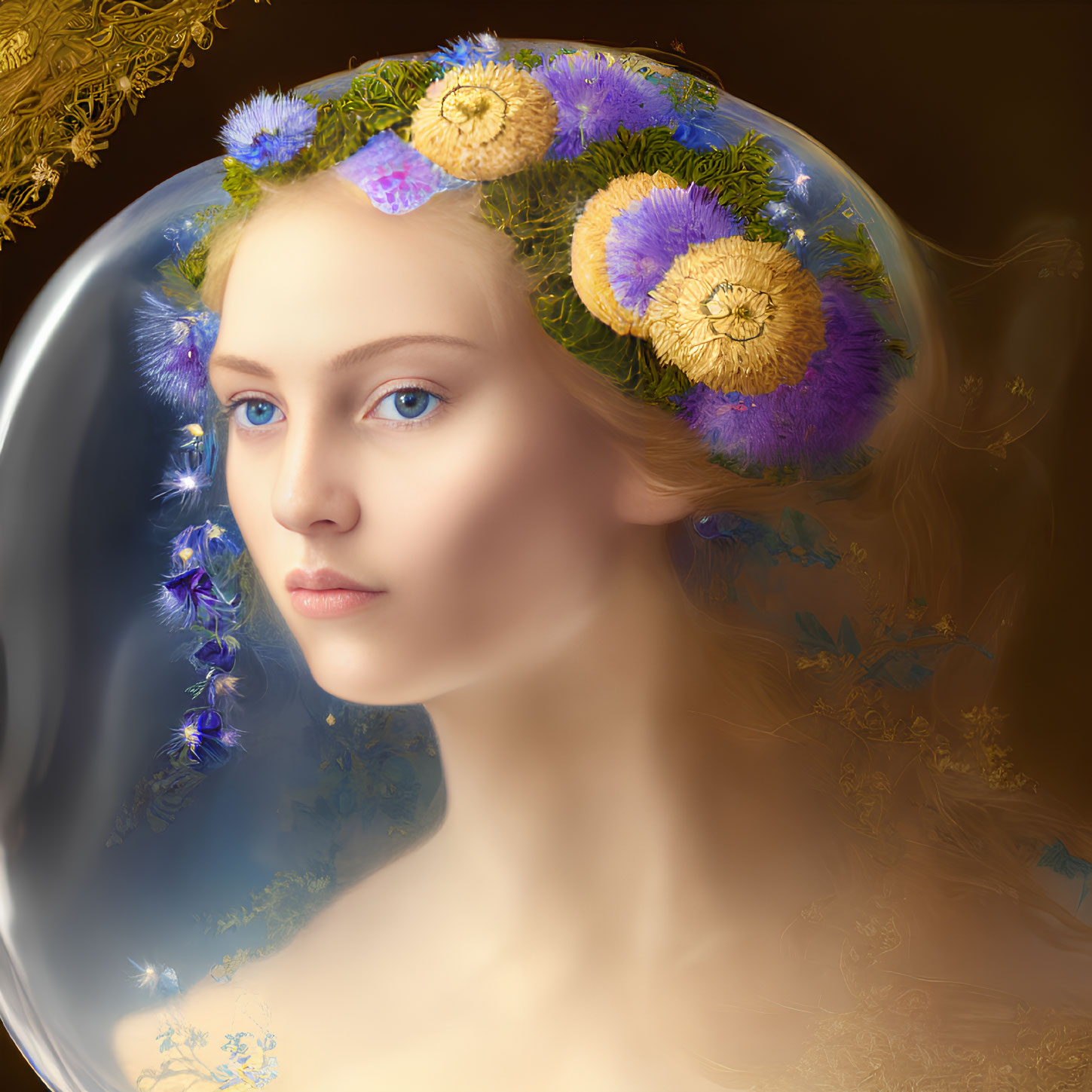 Woman's Portrait with Translucent Floral Halo and Golden Background