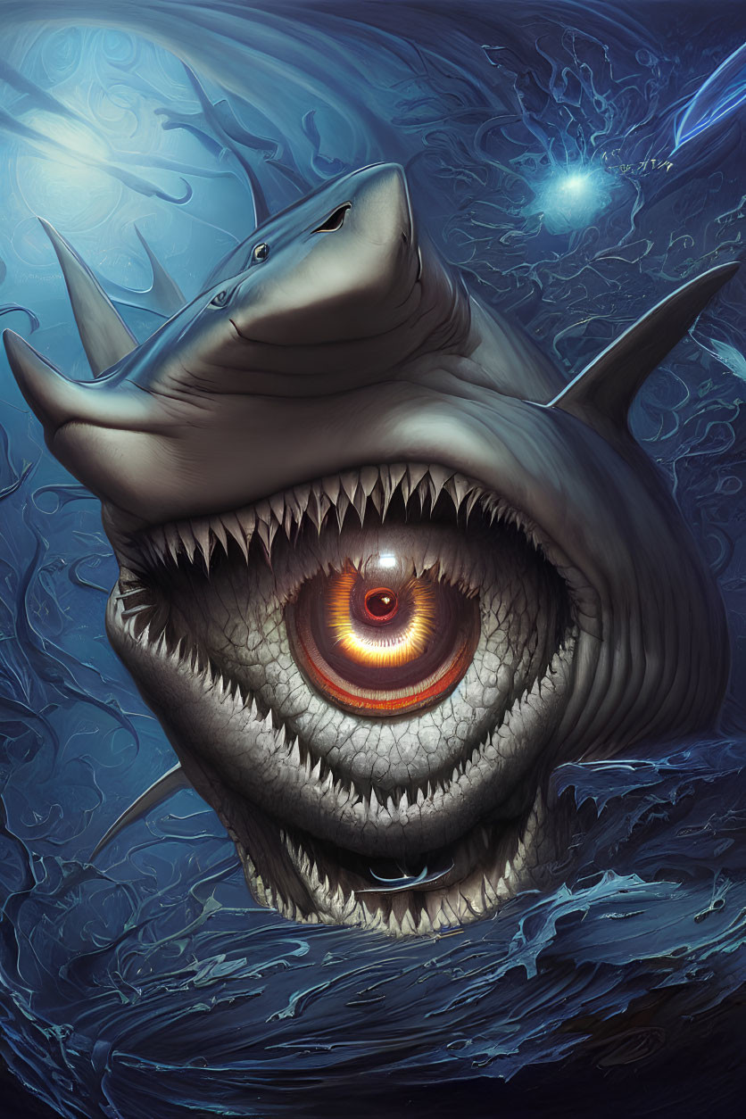 Detailed depiction of menacing shark eye in dark underwater scene