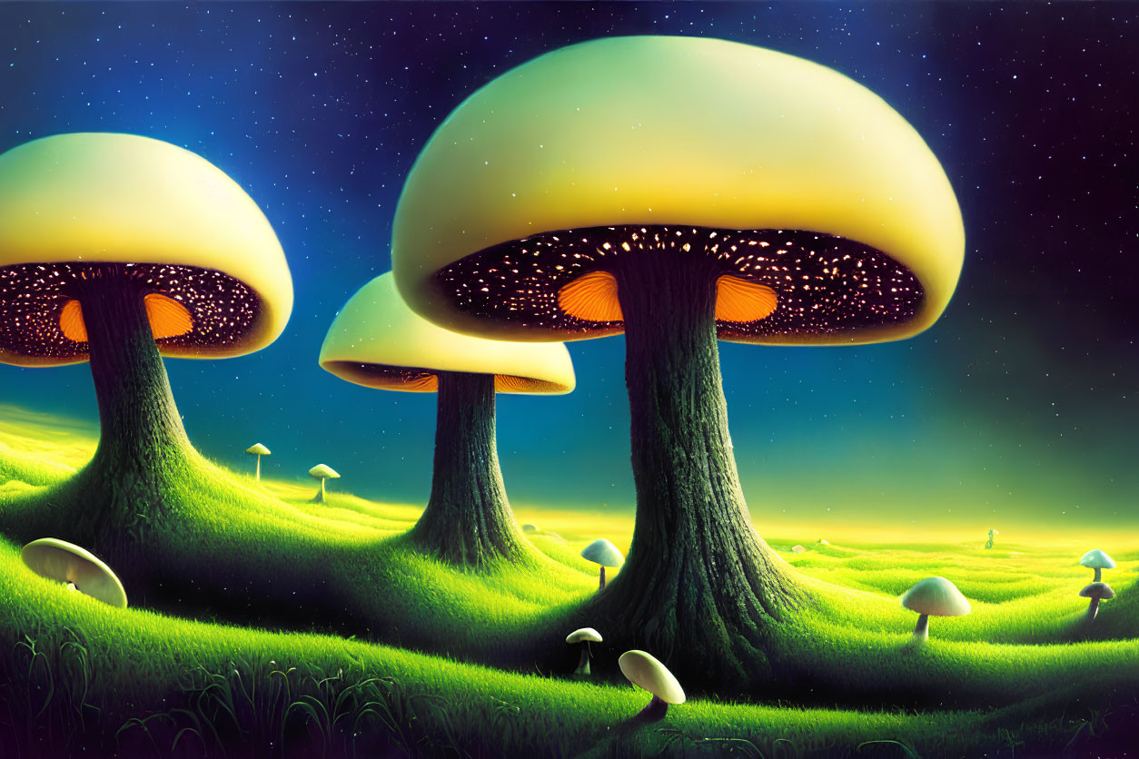 Whimsical oversized glowing mushrooms in magical night scene