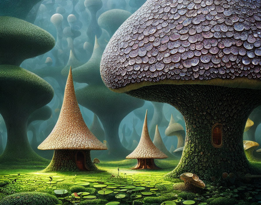 Fantastical forest with oversized mushroom houses and misty backdrop