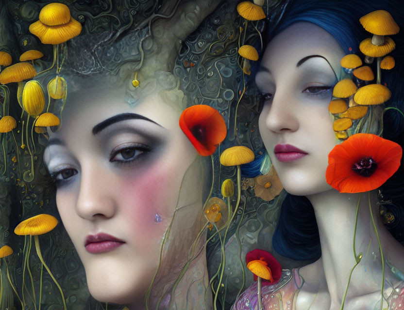 Stylized female faces with vibrant makeup in surreal floral setting