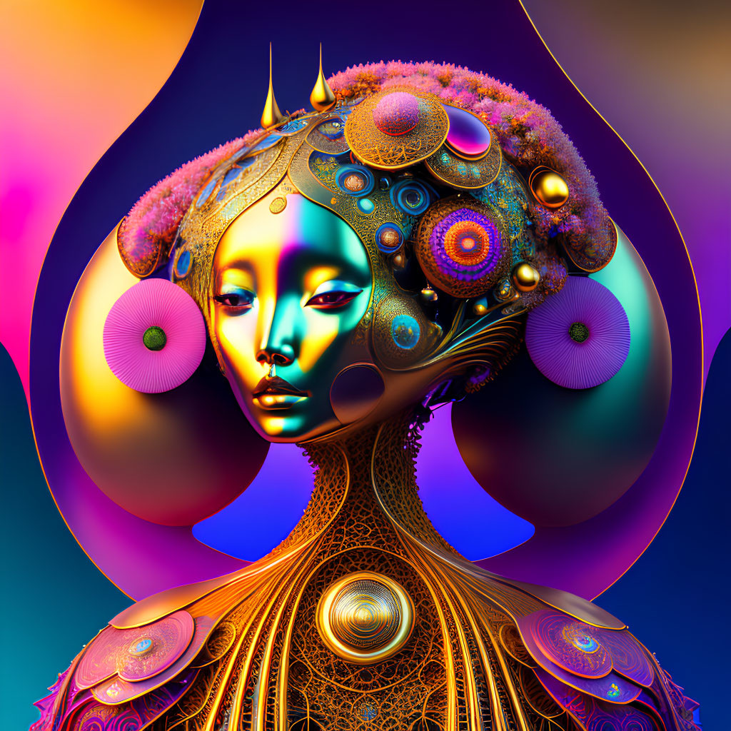 Vibrant surreal digital artwork with humanoid figure and intricate patterns