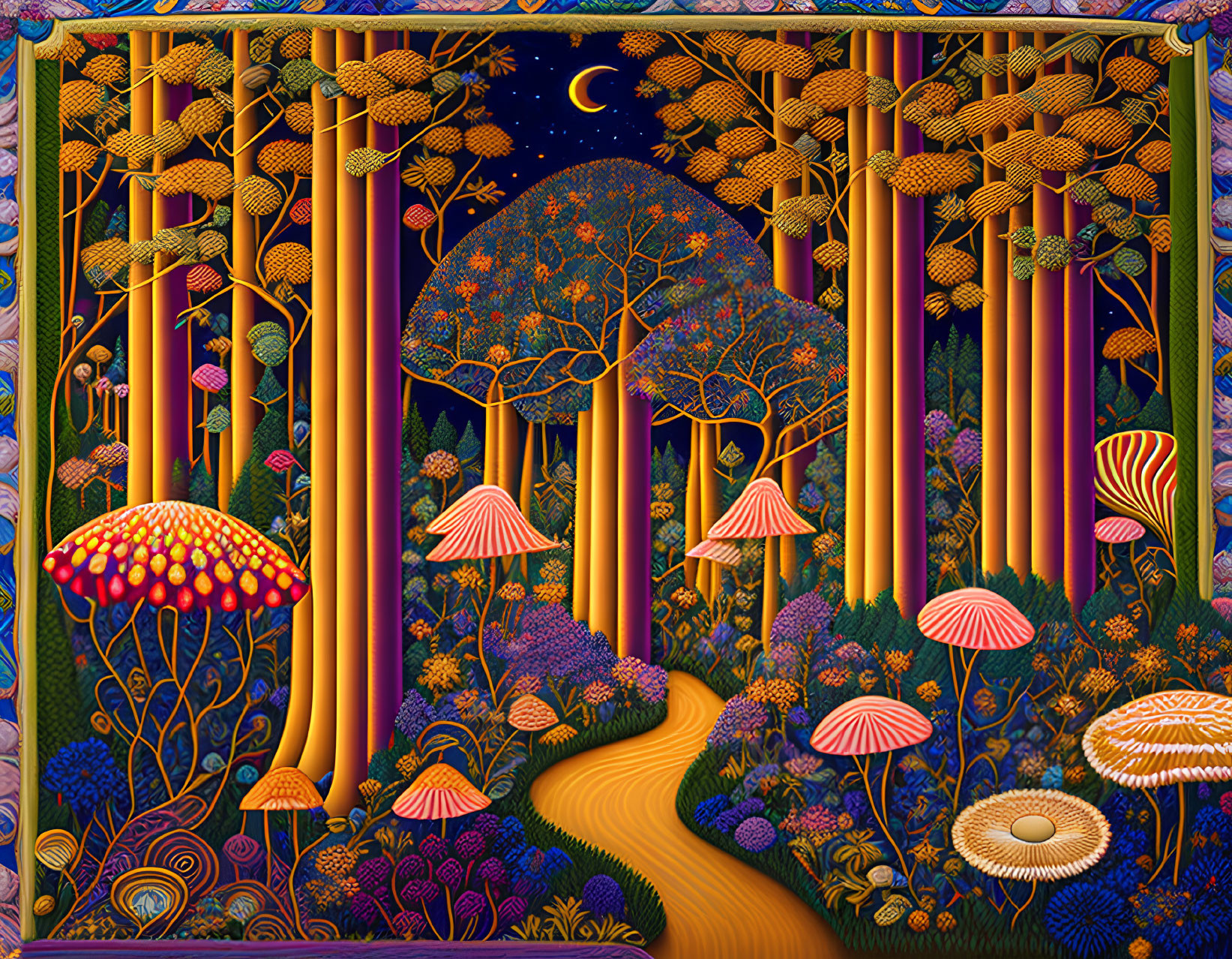 Colorful Golden and Blue Trees in Whimsical Forest Scene