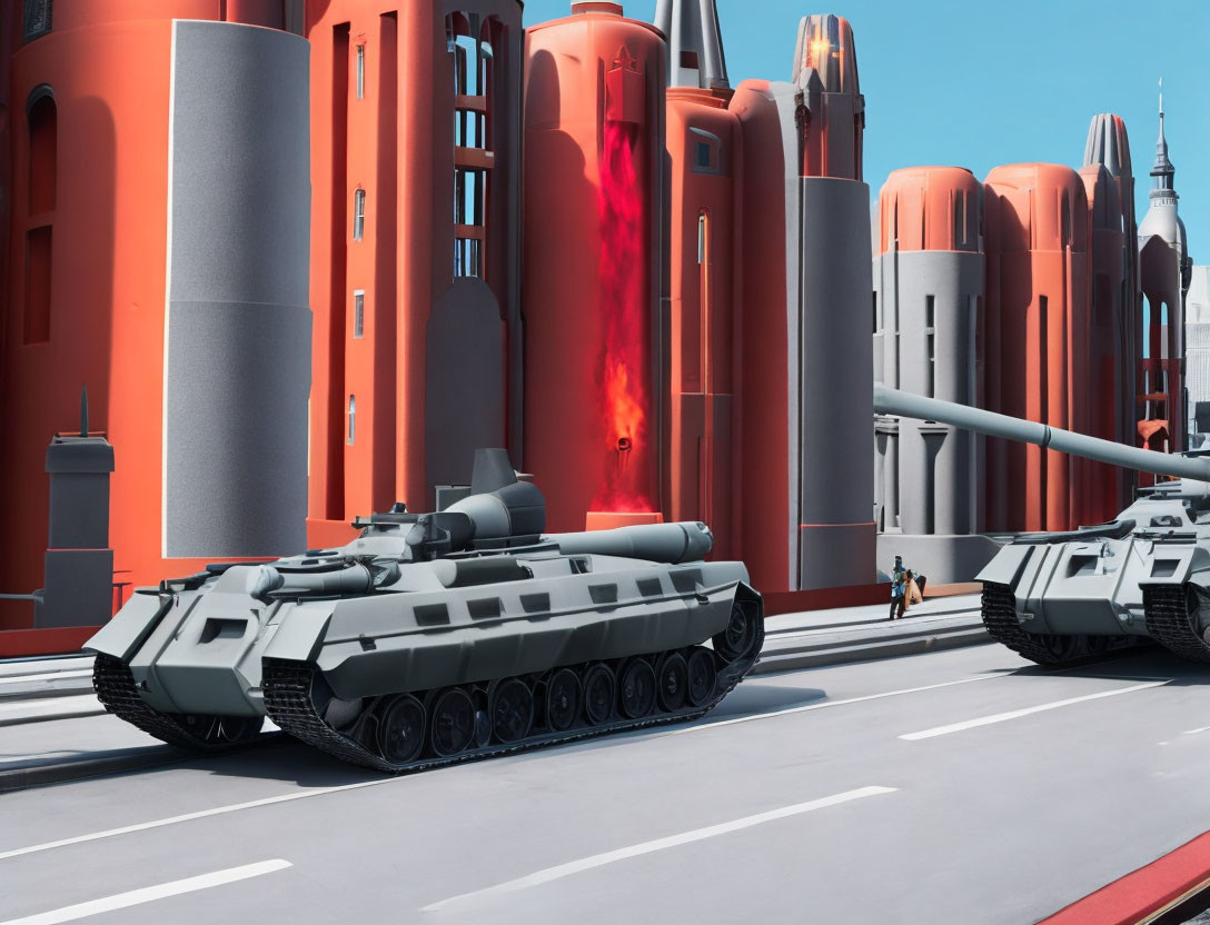 Futuristic tanks in red-and-white city with lava-like flows