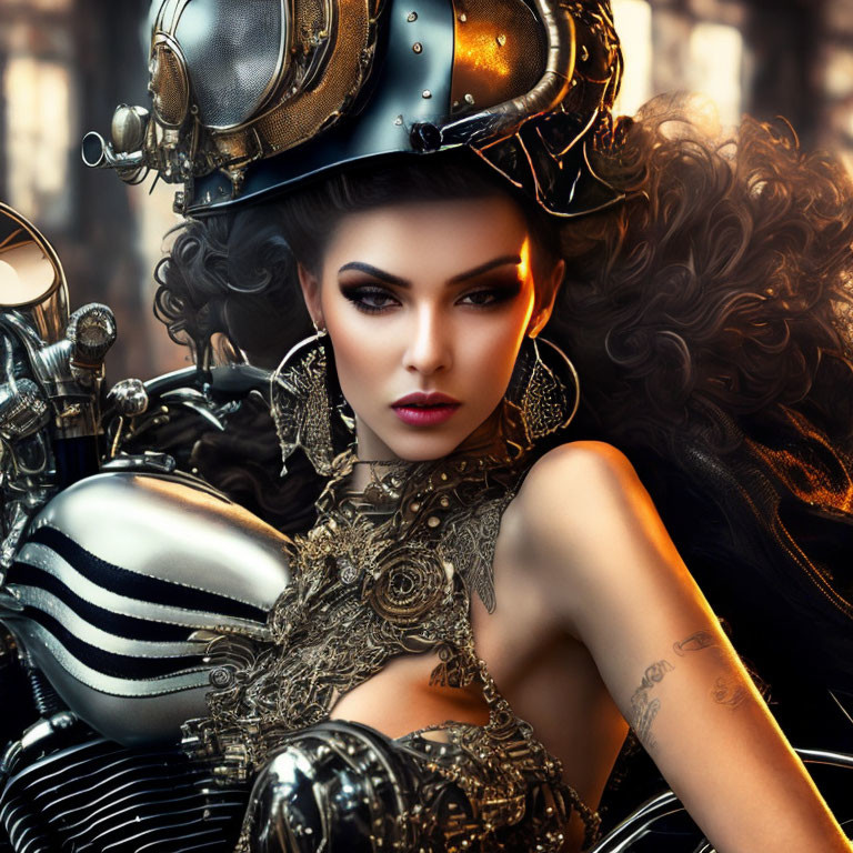 Steampunk woman in metallic corset and helmet on motorcycle.