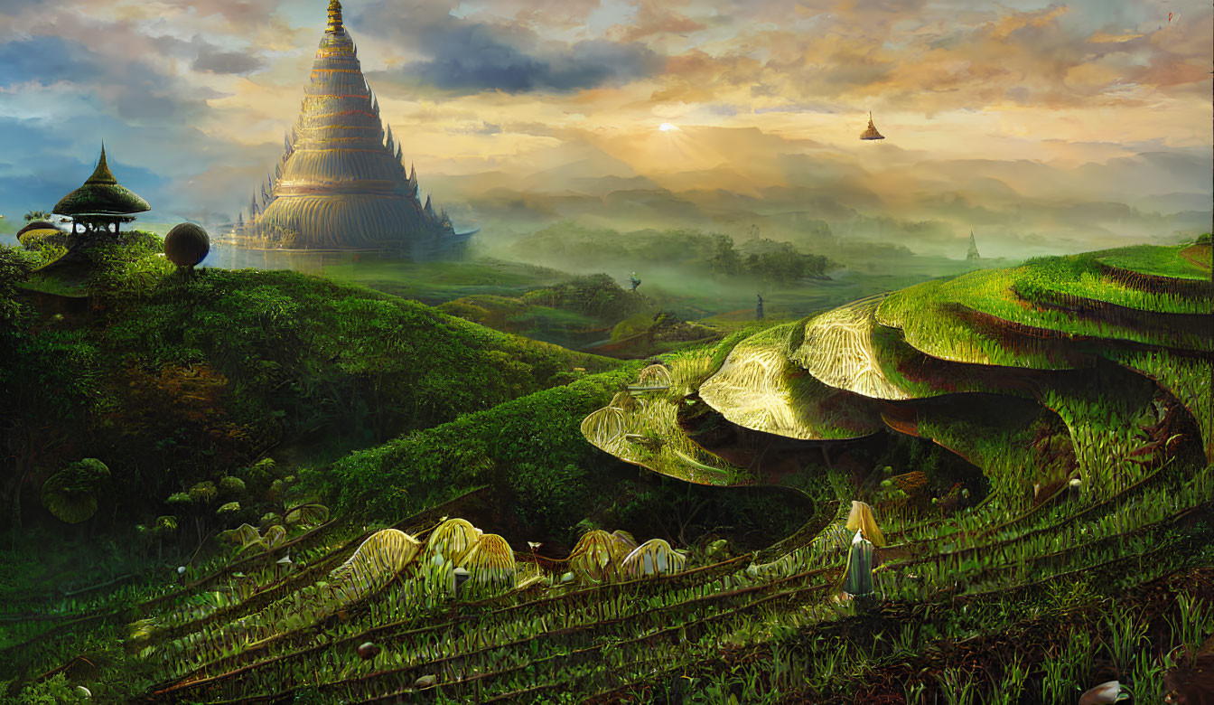 Fantasy landscape: sunset, terraced fields, woman walking, large mushrooms, pagoda-like buildings