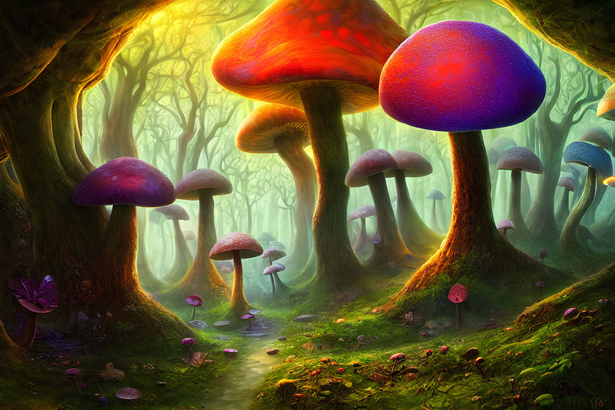 Mystical forest landscape with oversized mushrooms and twisted trees