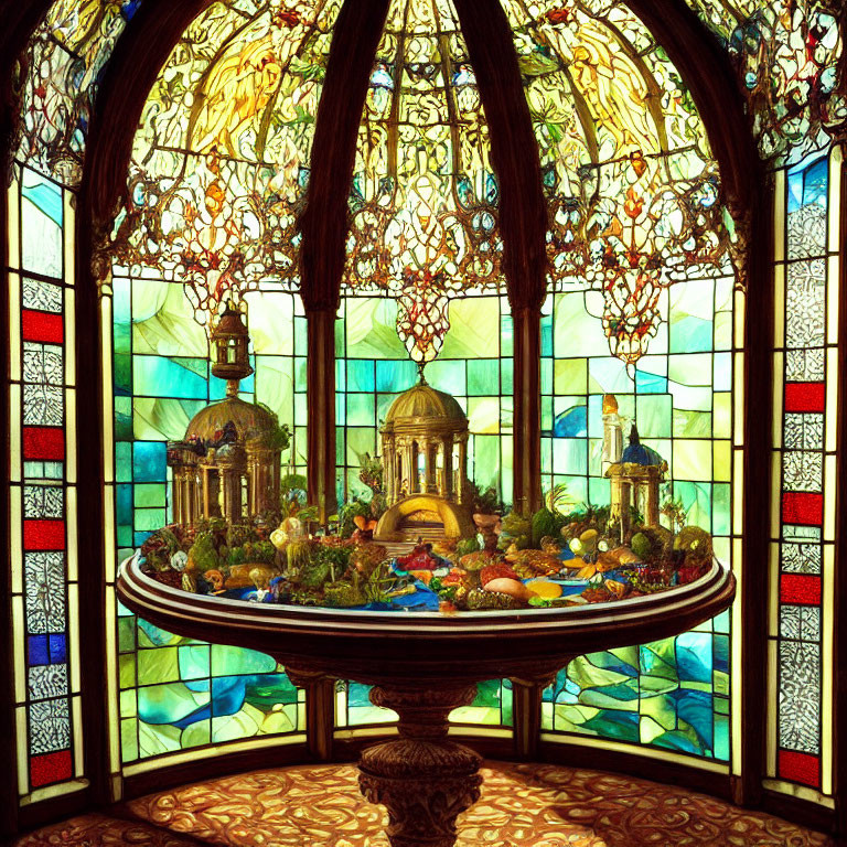 Colorful Stained Glass Window with Nature Motifs and Architectural Elements