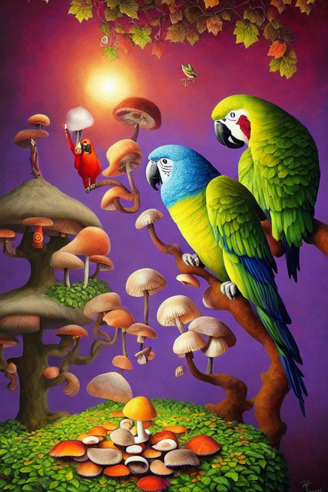 Vibrant parrots on branch in whimsical forest scenery