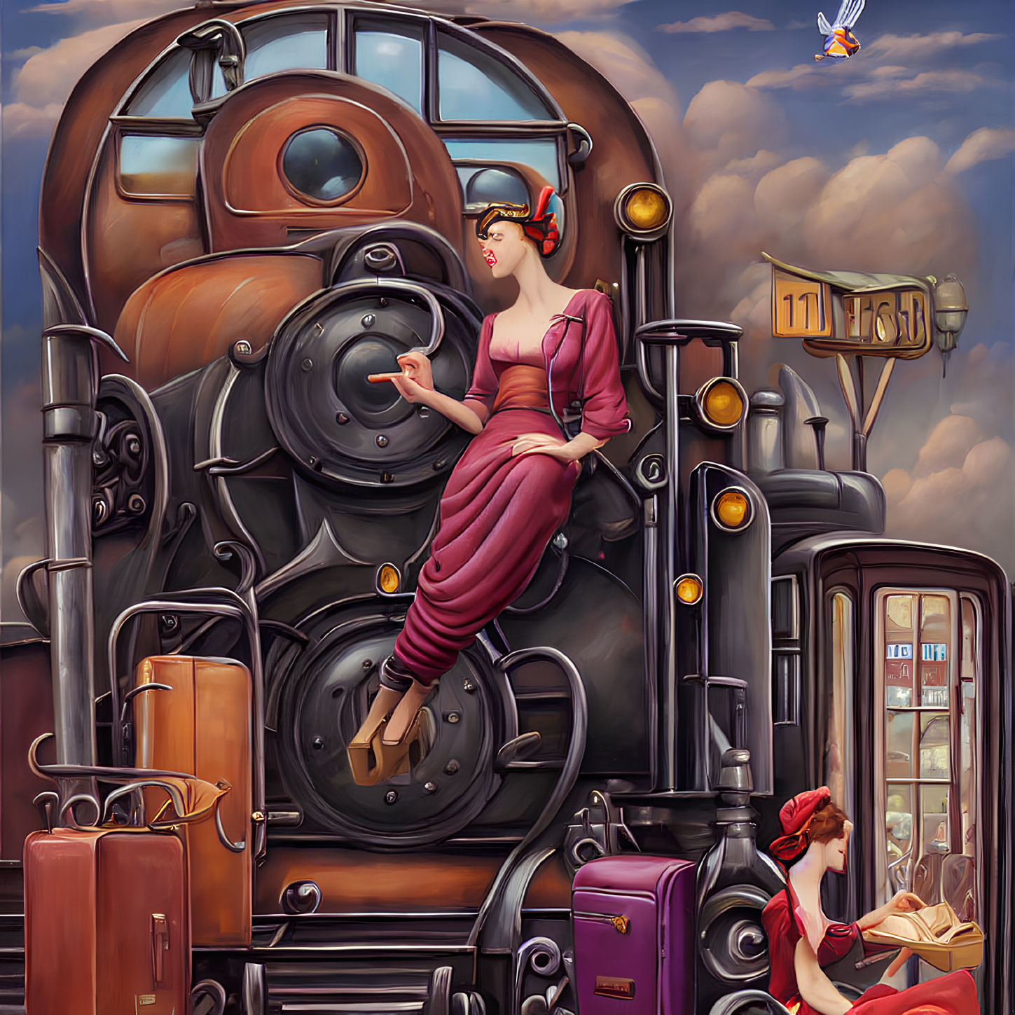 Stylized illustration of two women in 1950s fashion with classic train and vintage plane