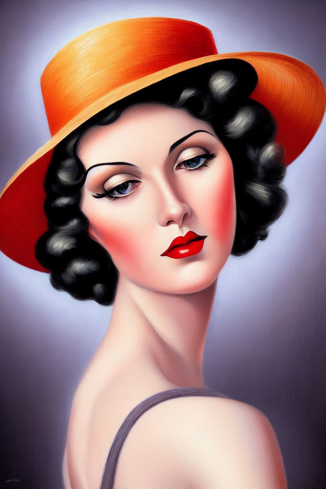 Portrait of Woman with Curly Black Hair and Orange Hat