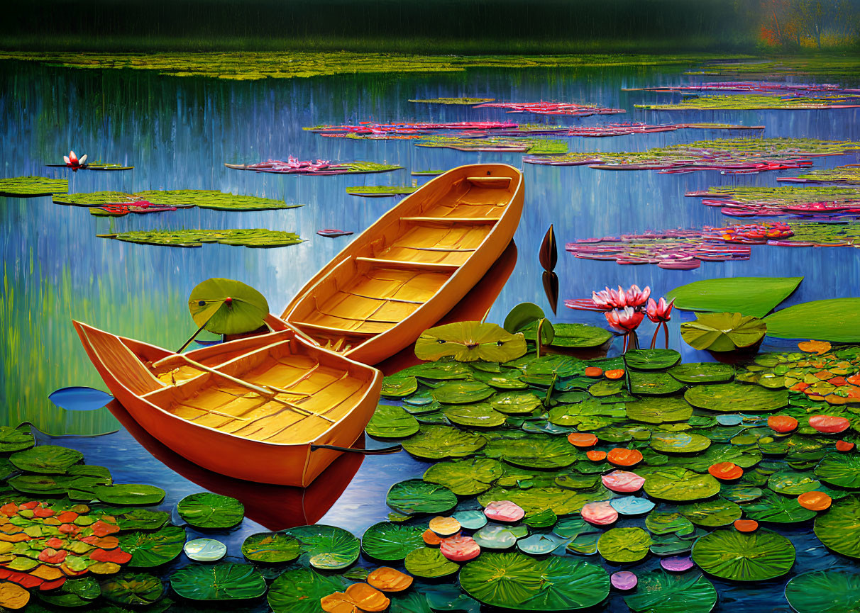Wooden boats among water lilies on serene lake with tree reflections