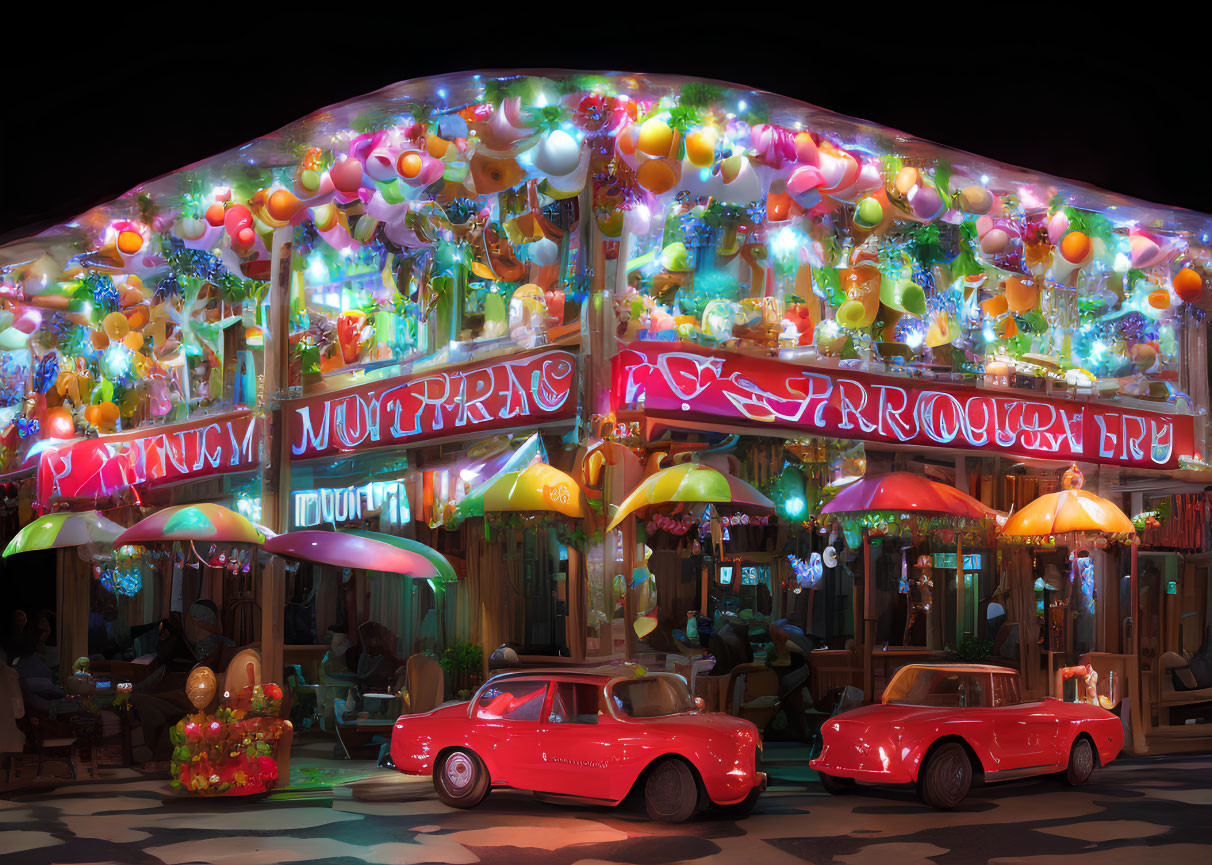 Colorful illustration of café with balloon decorations & vintage cars under starry sky